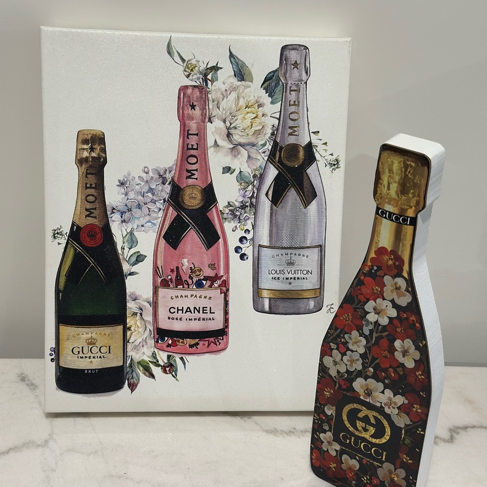 2 piece set. Champagne Bottle Canvas Art - Black, Pink, Silver and GG floral